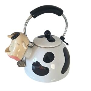 1992 M.K. Kamenstein Whistling 2 Quart Black and White Cow Tea Kettle with Bell